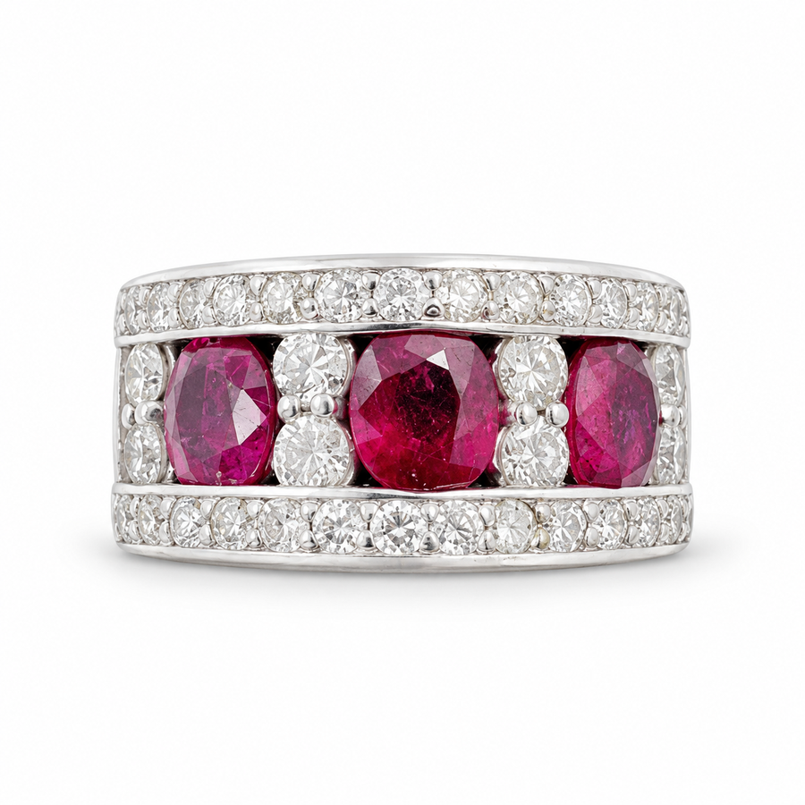 14K White Gold Band with 3 Oval Rubies and Diamonds. (Size 6.00)