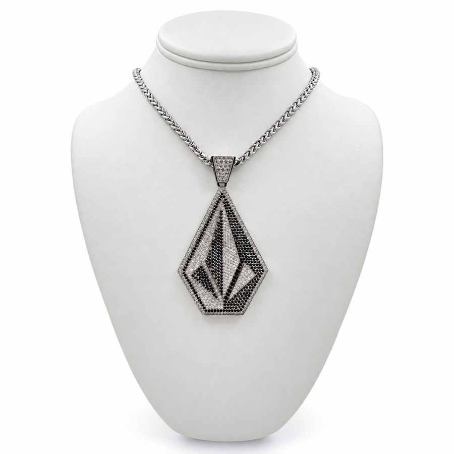 14K White Gold Chain with Volcom Pendant Set with Black and White Round Diamonds.