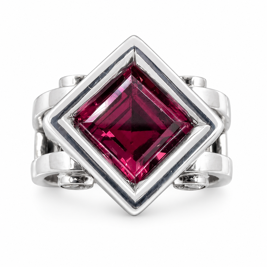 14K White Gold Ring with Princess Cut Pink Tourmaline and Diamonds. (Size 6.25)