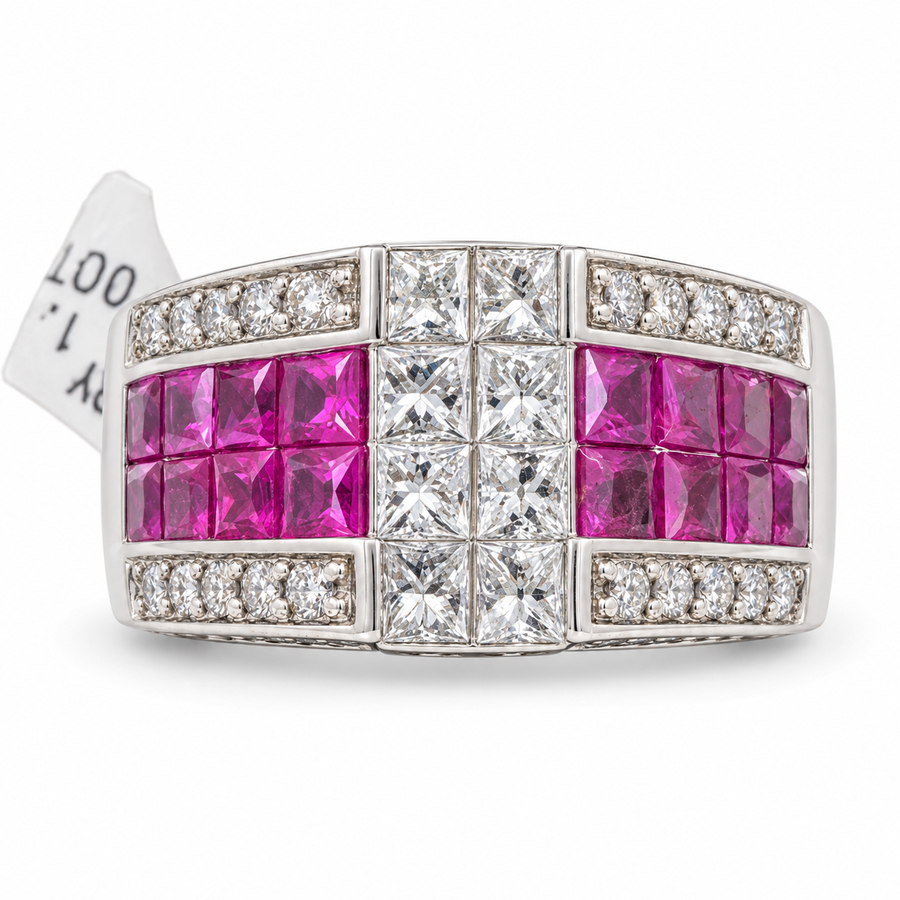 14K White Gold Ring with Princess Cut Rubies and Diamonds. (Size 7.75)