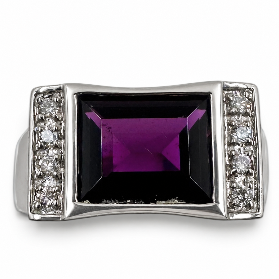 14K White Gold Ring with Rhodolite Garnet and Diamonds. (Size 9.00)
