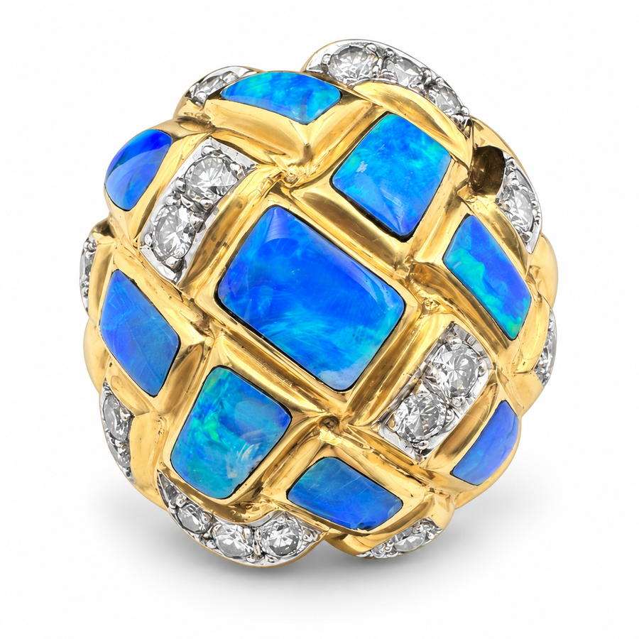 14K Yellow Gold Ring with Australian Opals and Diamonds. (Size 9.75)