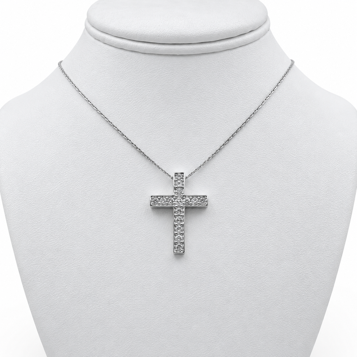 14k White Gold Cross Pendant with Diamonds and 14" Necklace.