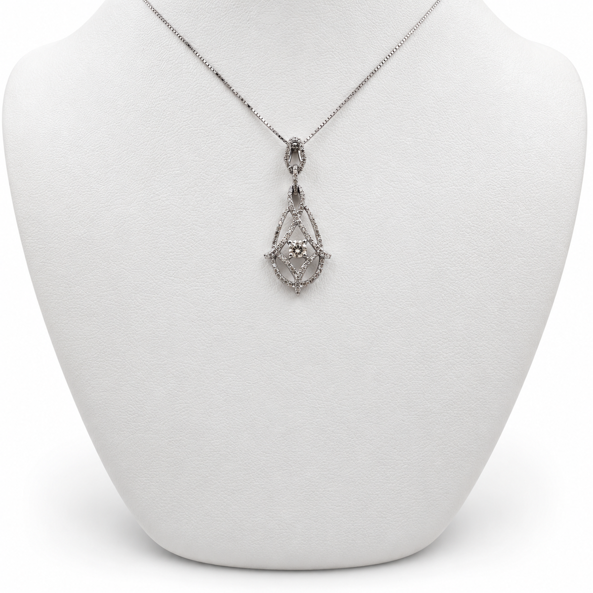14k White Gold Drop Pendant with Diamonds and 15" Necklace.