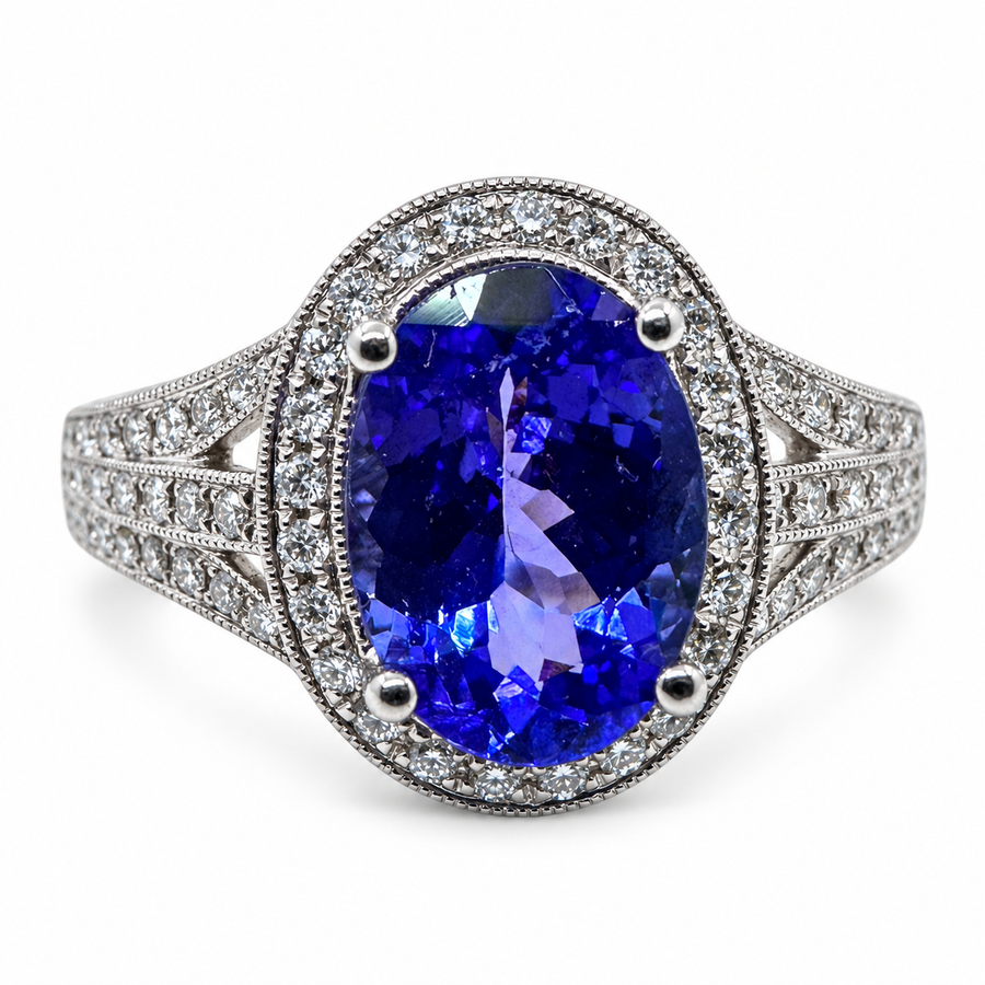 18K White Gold Ring with 5.00Ct. Tanzanite and Diamonds 0.70 Ct. (Size 6.50)