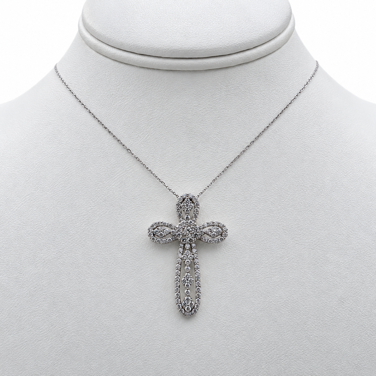 18k White Gold Cross Pendant with Diamonds and 14" Necklace.