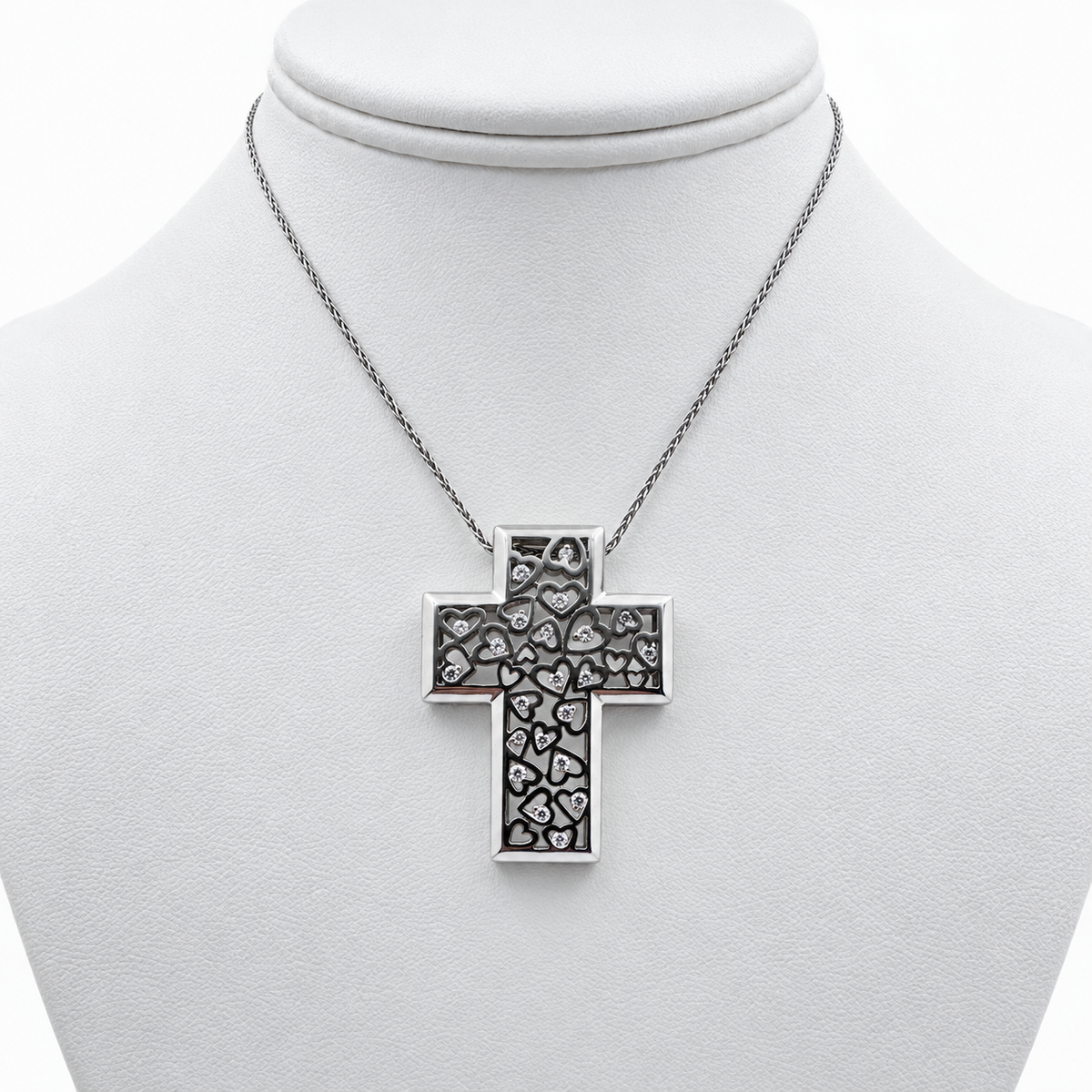 18k White Gold Cross Pendant with Diamonds and 25" Necklace.