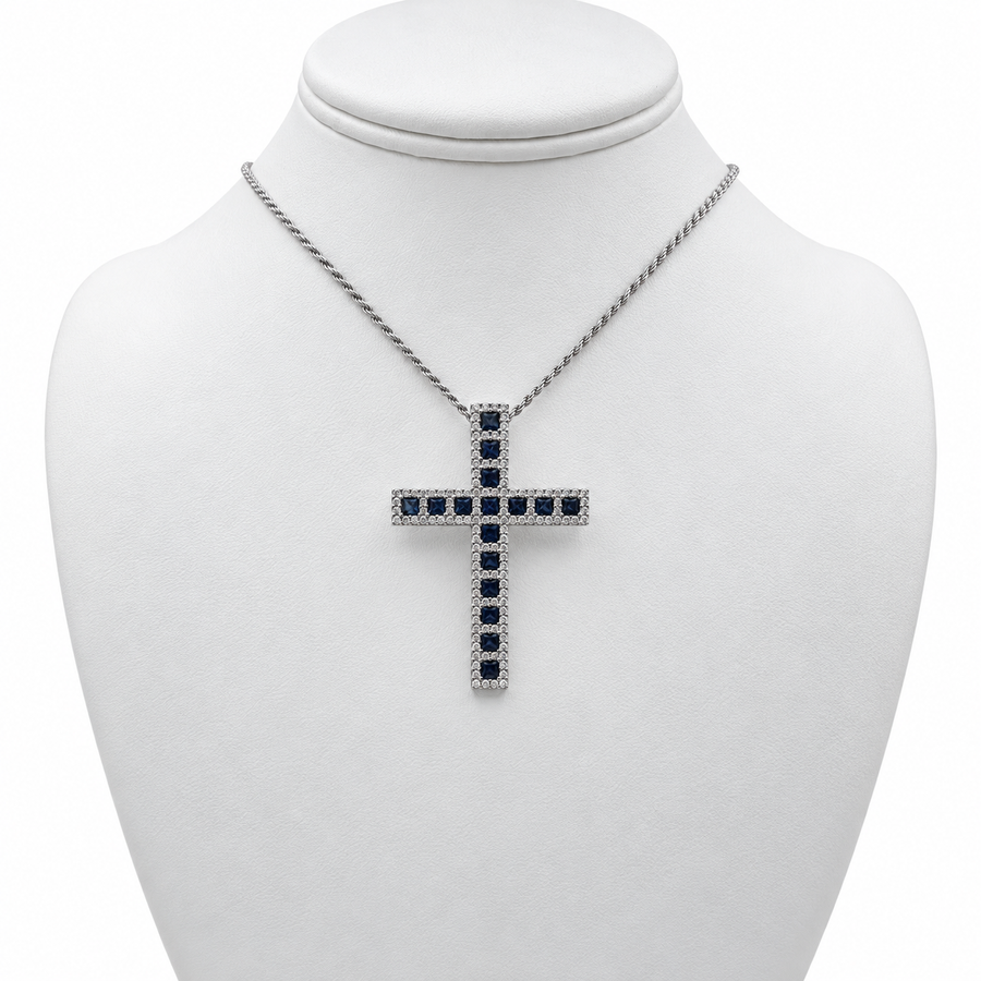18k White Gold Cross Pendant with Diamonds and Sapphires with 17" Necklace.