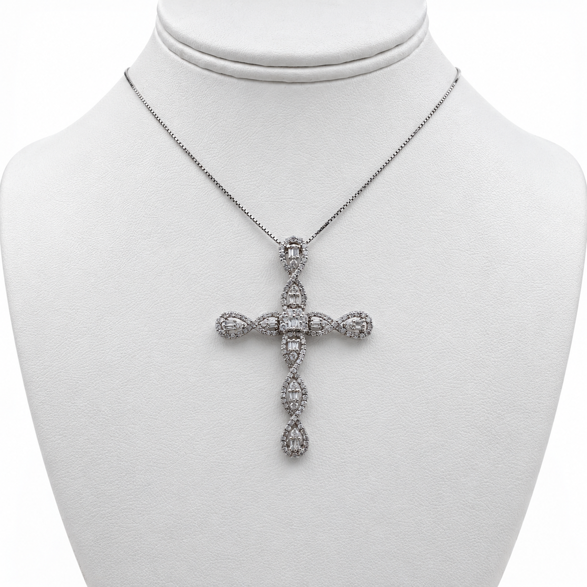18k White Gold Diamond Cross Pendant with 15" Necklace.