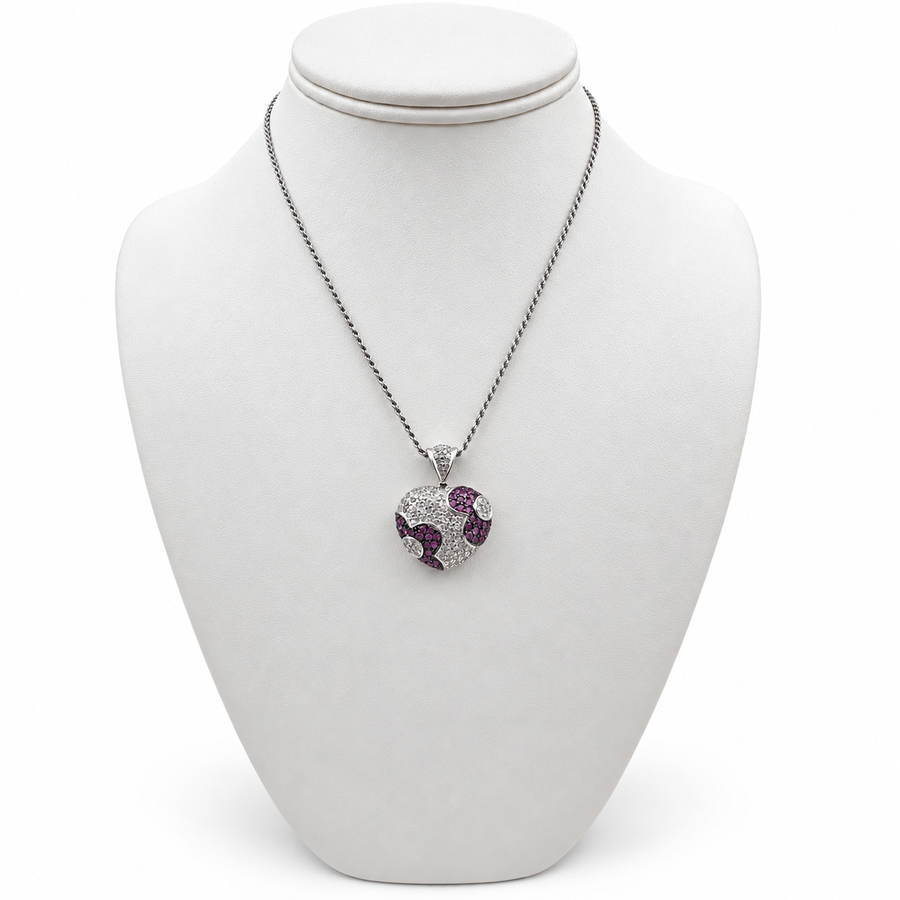 18k White Gold Heart Pendant with Diamonds and Pink Sapphires 14" Necklace.