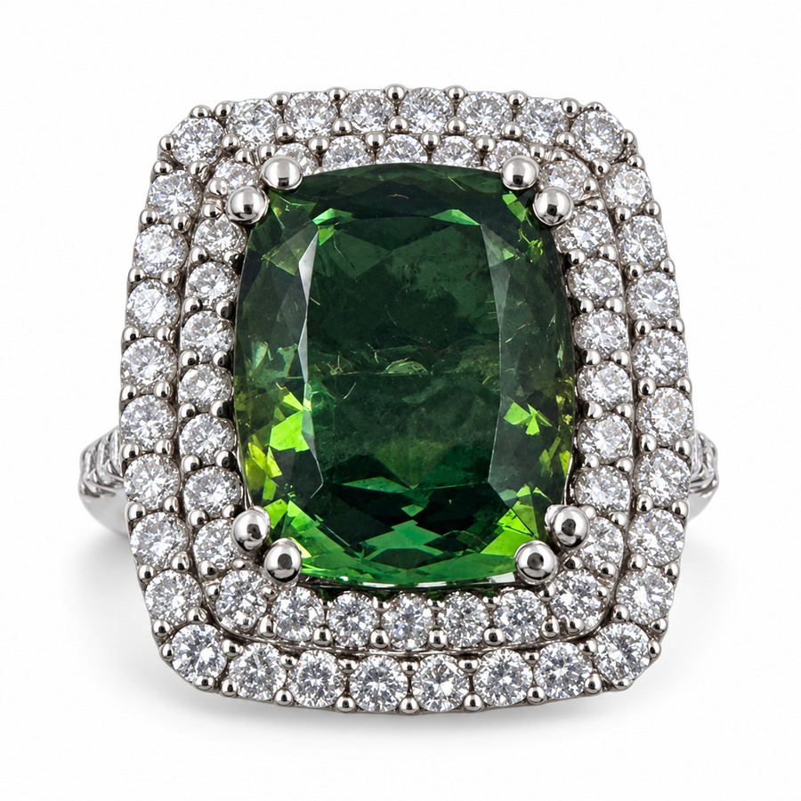 18k White Gold Ring with 5.15 Ct. Green Tourmaline and Diamonds 1.04 Ct. (Size 6.00)