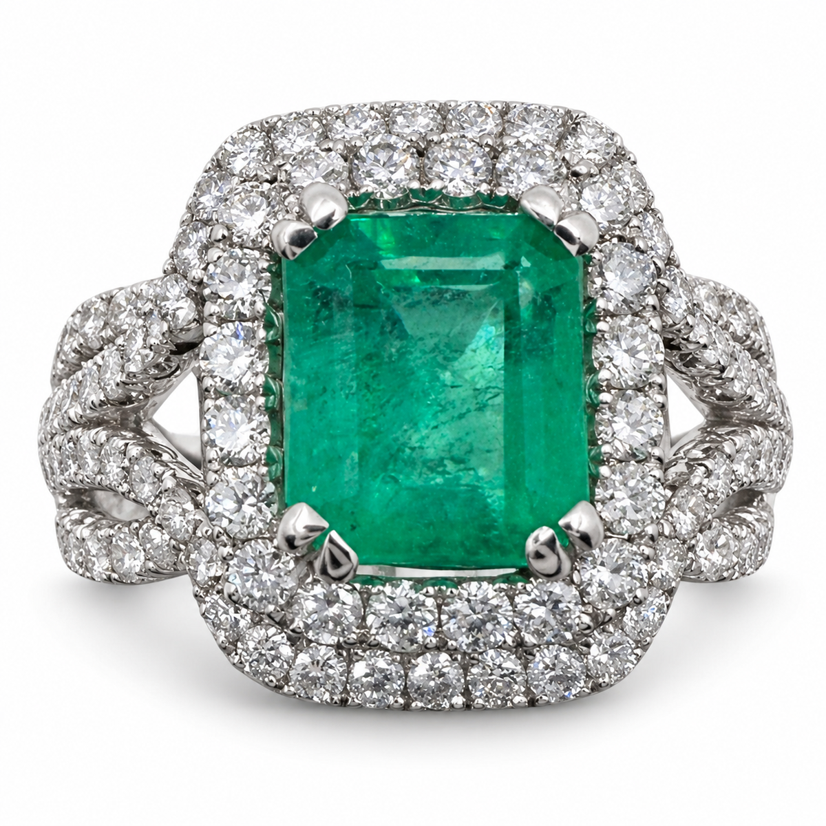 18k White Gold Ring with 1.92 Ct. Emerald and Diamonds 1.34 Ct. (Size 5.75)