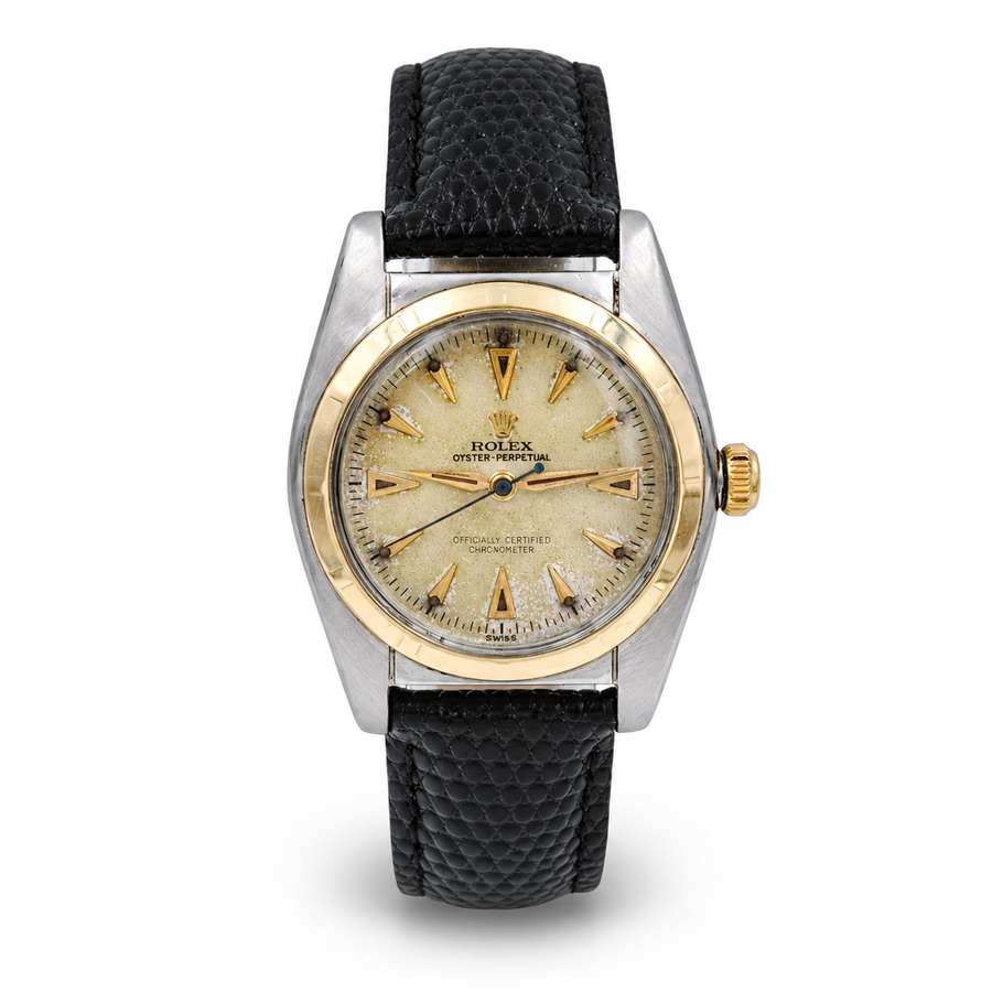 *1957 Men's Rolex 32mm Bubbleback Vintage Oyster Perpetual Two Tone Watch with Black Leather Strap and Gold Dial. (Pre-Owned 5011)