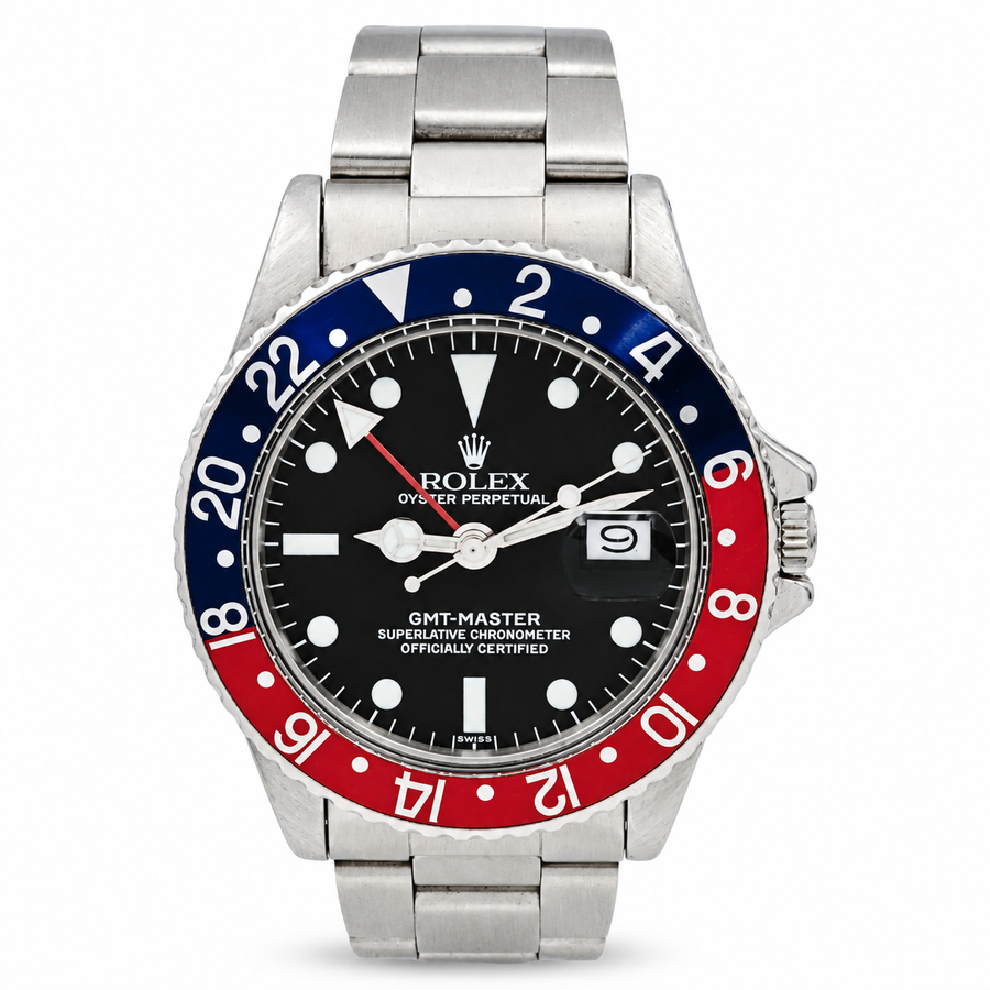 *1970 Men's Rolex 40mm GMT Master Vintage Stainless Steel Watch with Black Dial and Pepsi Bezel. (Pre-Owned 1675)