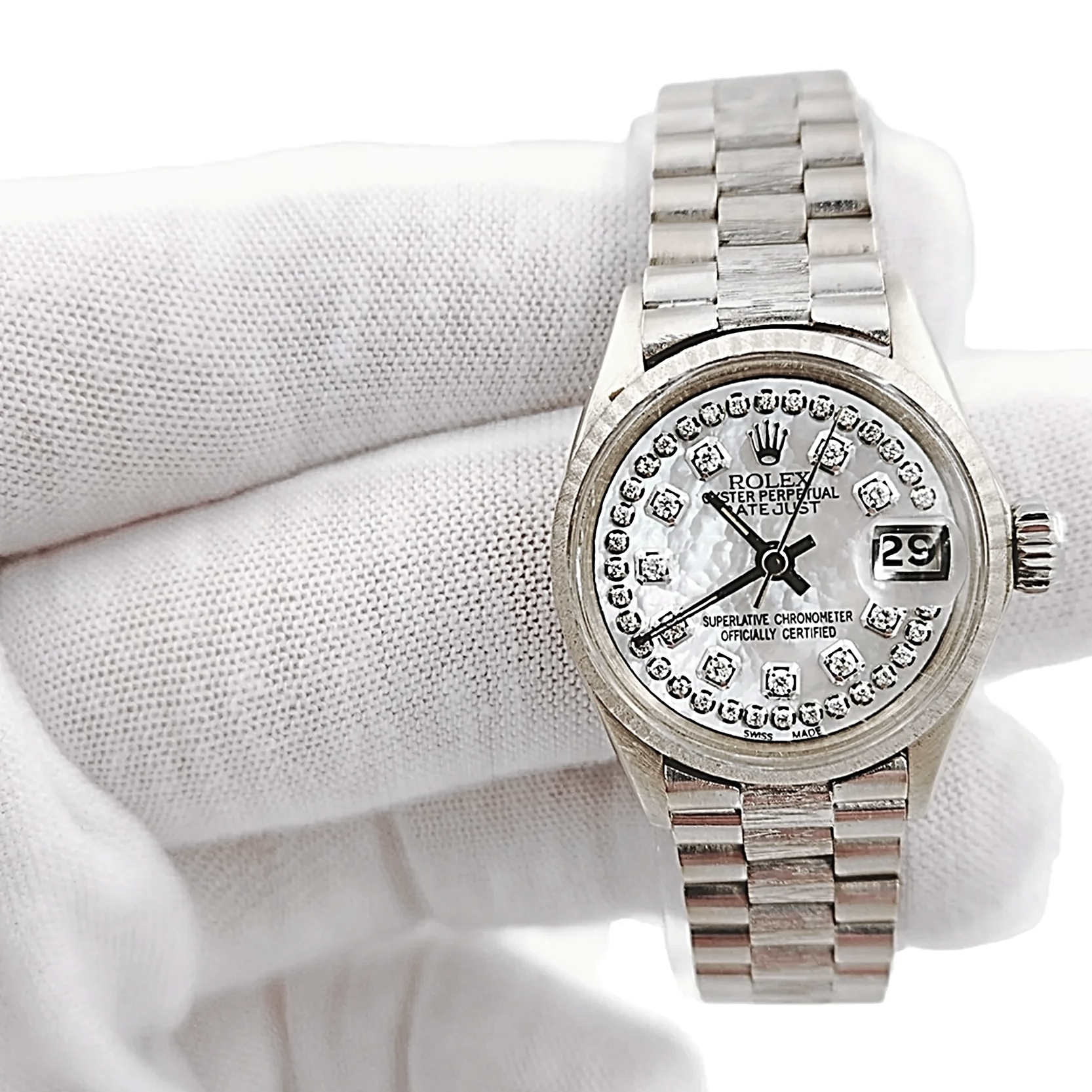 1967 Ladies Rolex 24mm Vintage Bark Finish Solid 18K White Gold Watch with Mother of Pearl Diamond Dial. (Pre-Owned 6517)