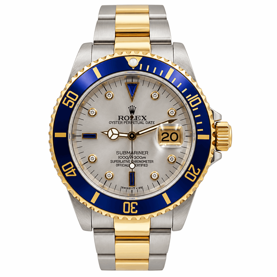 *1999 Men's Rolex 40mm Submariner Oyster Perpetual Two Tone 18K Yellow Gold / Stainless Steel Watch with Mother of Pearl Diamond Dial and Blue Bezel. (UNWORN Box/Paper 16613)