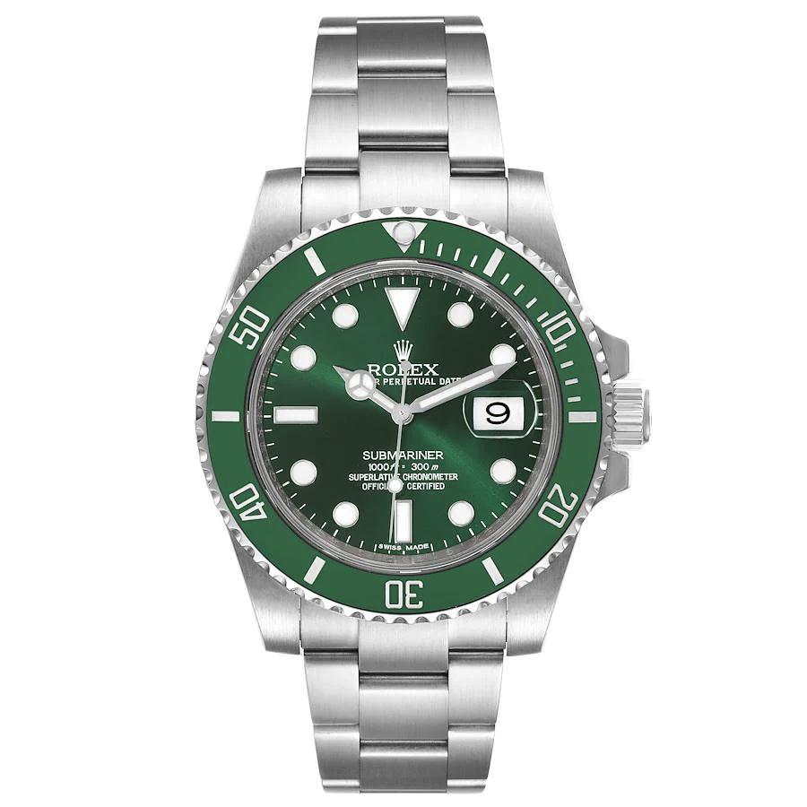 *2016 Men's Rolex 40mm Submariner "Hulk" Oyster Perpetual Date Stainless Steel Watch with Green Dial and Green Bezel. (Pre-Owned Box/Card 116610LV)