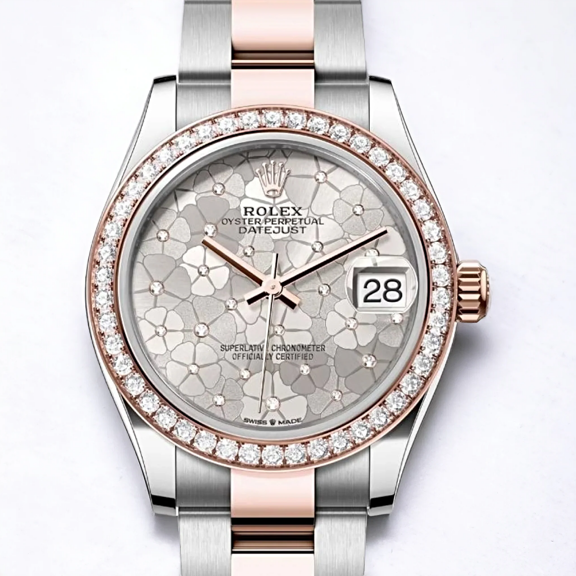 *2023 Ladies Rolex DateJust 31mm Midsize Two Tone 18K Rose Gold / Stainless Steel Watch with Silver Floral Motif Dial and Diamond Bezel. (NEW 278381RBR)