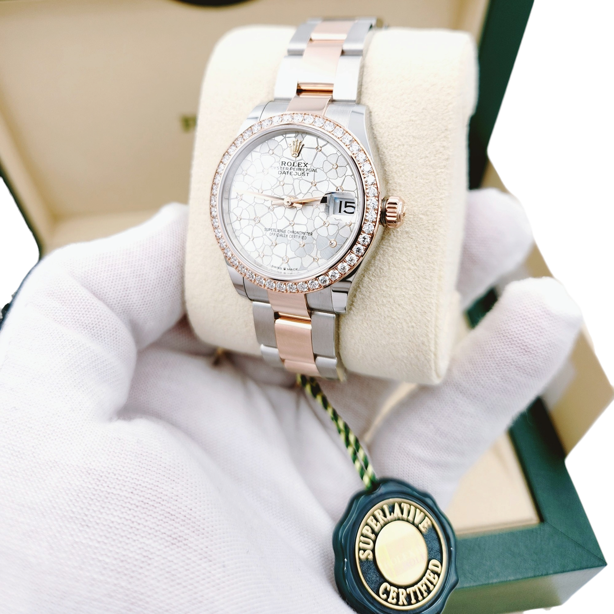 *2023 Ladies Rolex DateJust 31mm Midsize Two Tone 18K Rose Gold / Stainless Steel Watch with Silver Floral Motif Dial and Diamond Bezel. (NEW 278381RBR)