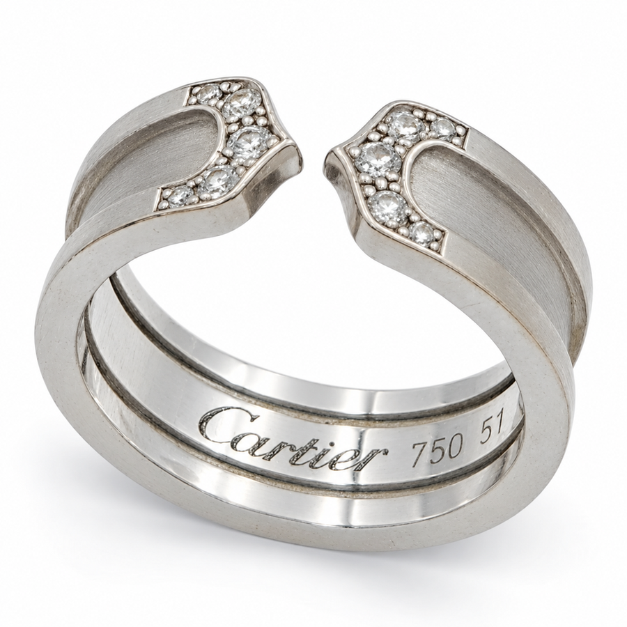 Cartier C2 18K White Gold Ring with Diamonds - Includes Cartier Box. (Pre-Owned Size 5.75)