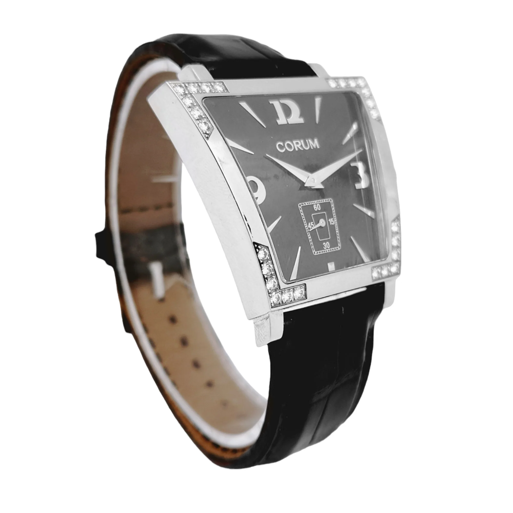 Ladies Corum Trapeze Stainless Steel Watch with Original Black Leather Band & Diamond Bezel. (Pre-Owned 106.405.47)