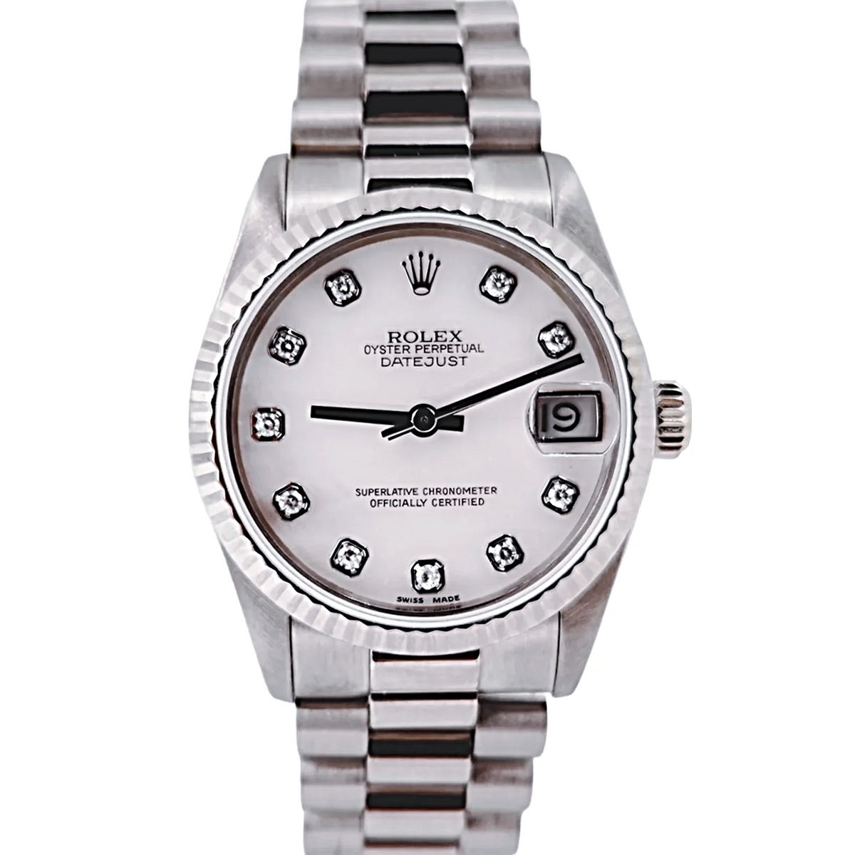 Ladies Midsize Rolex 31mm DateJust 18K White Gold Watch with Pink