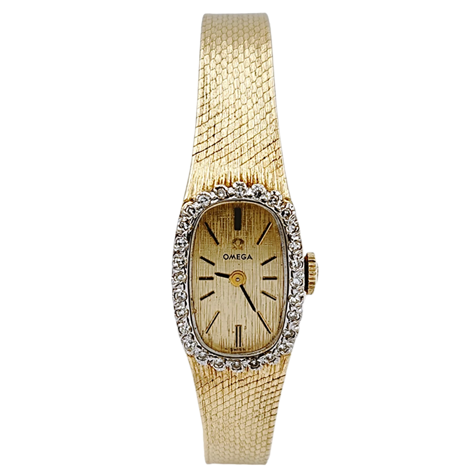 Ladies Omega 20mm Petite Vintage 14K Yellow Gold Automatic Watch with Gold Dial and Diamond Bezel. (Pre-Owned)