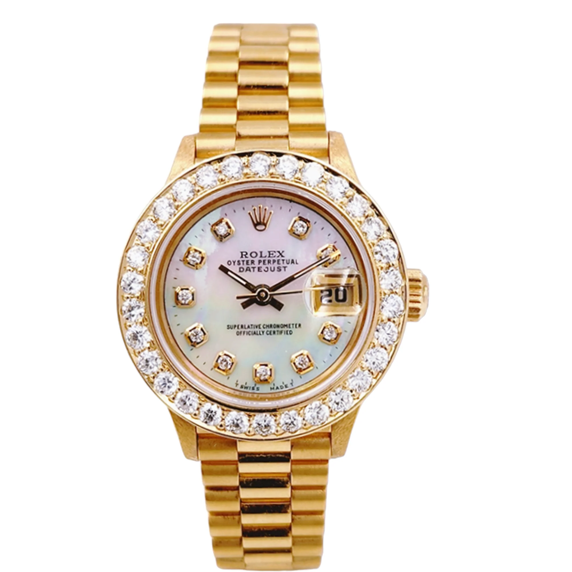*Ladies Rolex 26mm Presidential 18K Solid Yellow Gold Watch with Mother of Pearl Diamond Dial and 2CT. Diamond Bezel. (UNWORN 69178)