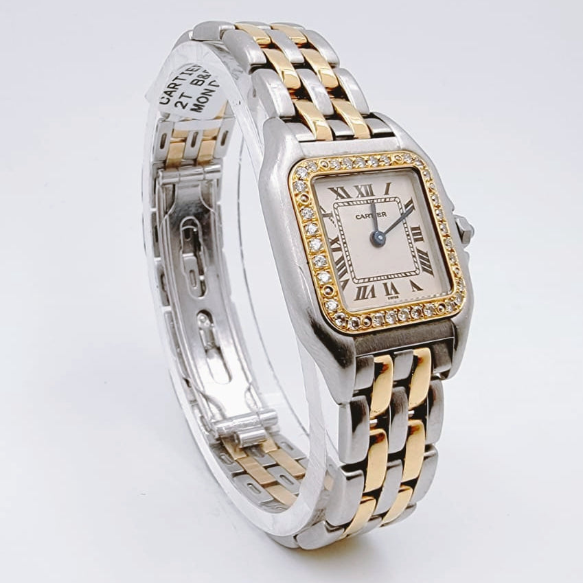 Ladies Small Cartier 22mm Panthere Watch in 18K Yellow Gold / Stainless Steel with White Dial and Diamond Bezel. (Pre-Owned)