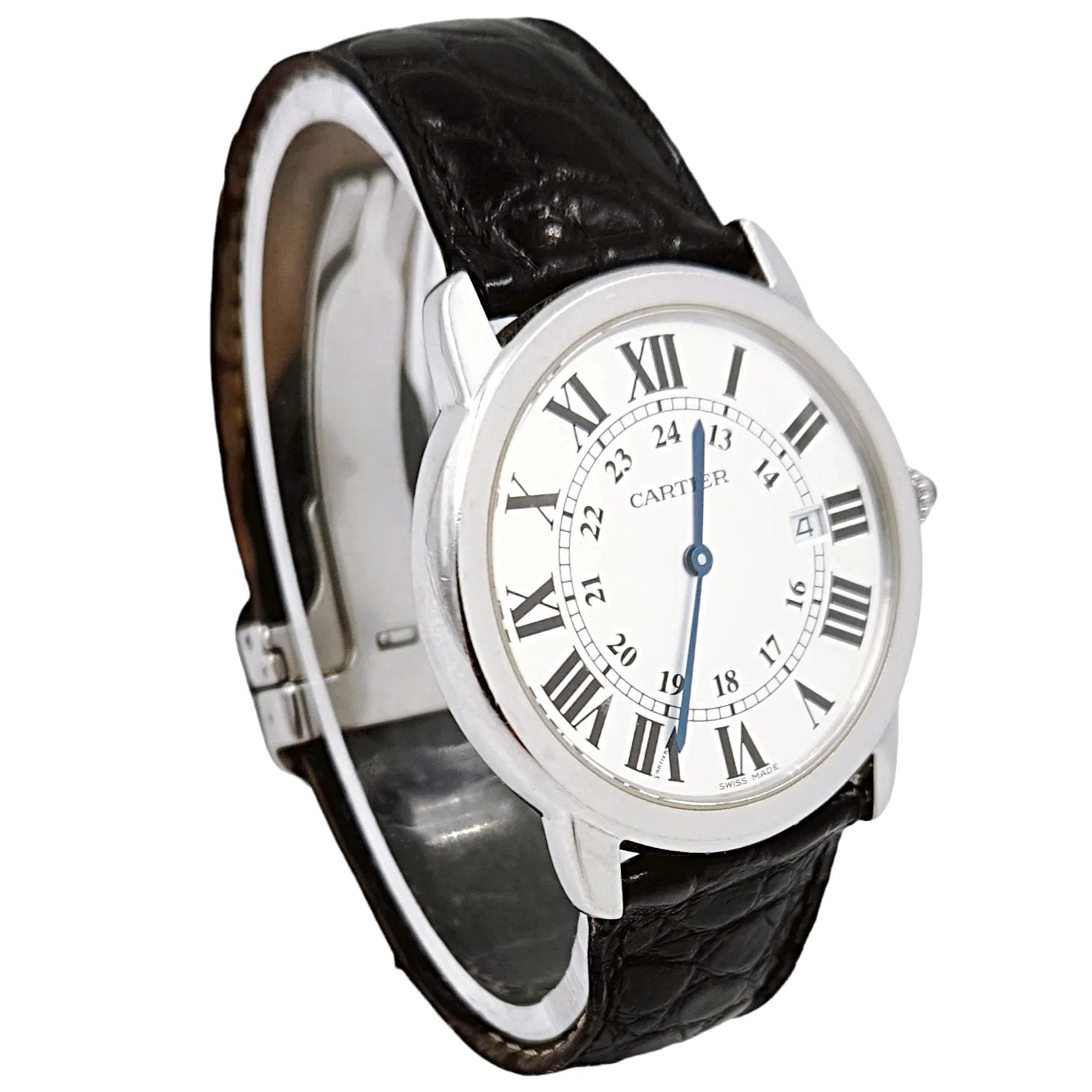 Men's Cartier 36mm Ronde Solo Stainless Steel Watch with Black Leather Band and Silver Dial. (Pre-Owned)