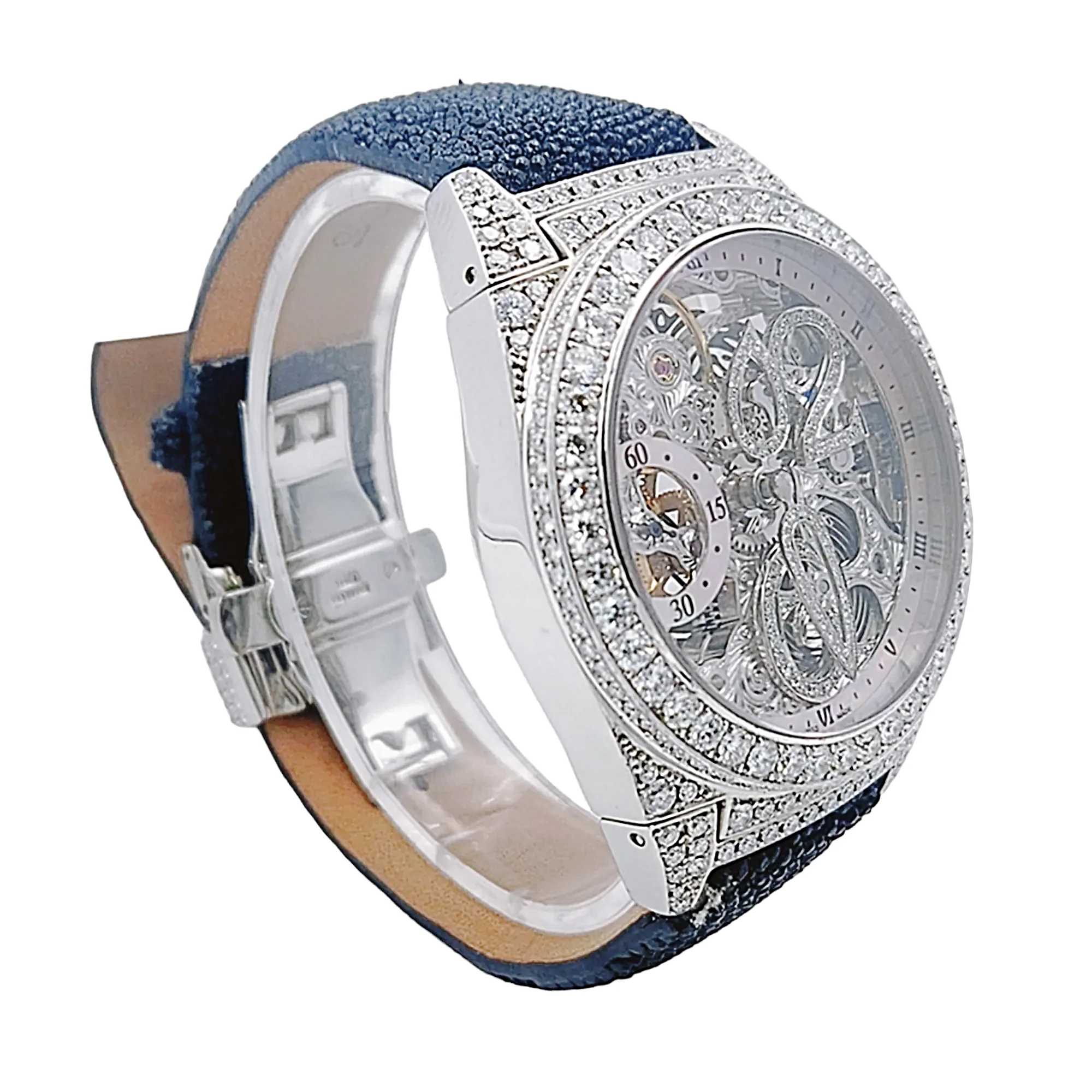 Men's D'Atlantis 44mm Full Diamond Skeleton Automatic Watch with Mother of Pearl Dial and Diamond Bezel. (Pre-Owned)
