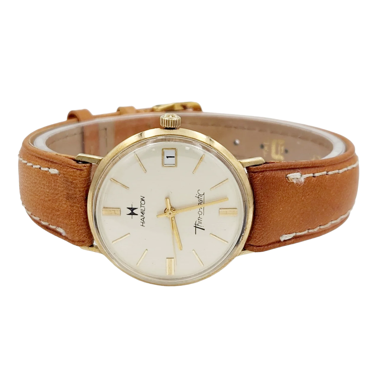 Men's Hamilton Thin-O-Matic 33mm Vintage 10K Yellow Gold Automatic Watch with Brown Leather Strap and Silver Dial. (Pre-Owned)