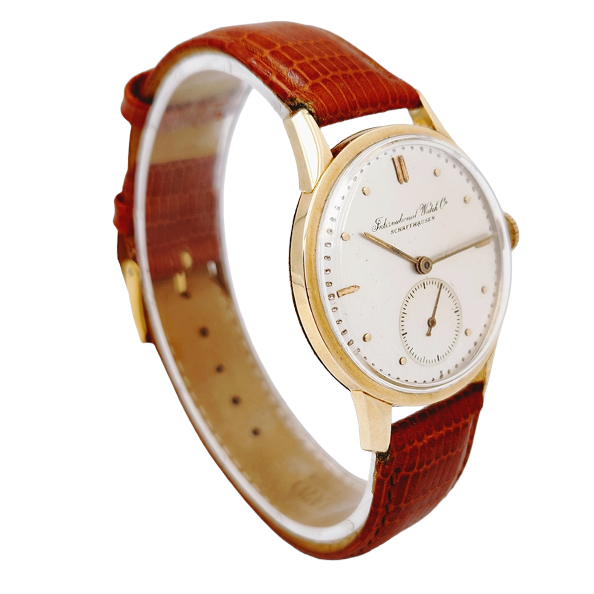 Men's IWC Schaffhausen 34mm Vintage 18K Yellow Gold Automatic Watch with Brown Leather Strap and Silver Dial. (Pre-Owned)
