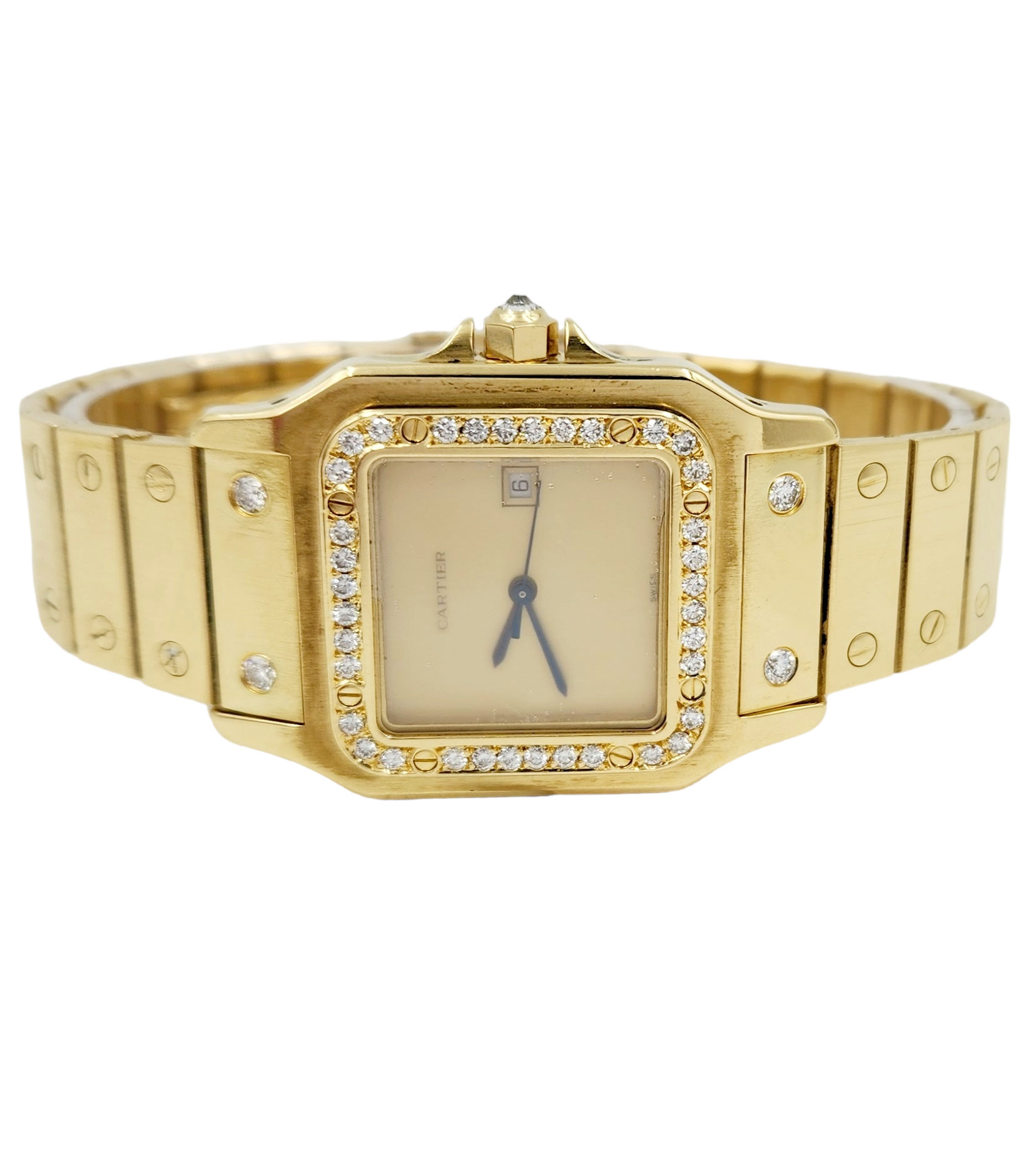Men's Large Cartier Santos Solid 18K Yellow Gold Watch with Gold Dial and Diamond Bezel. (Pre-Owned)