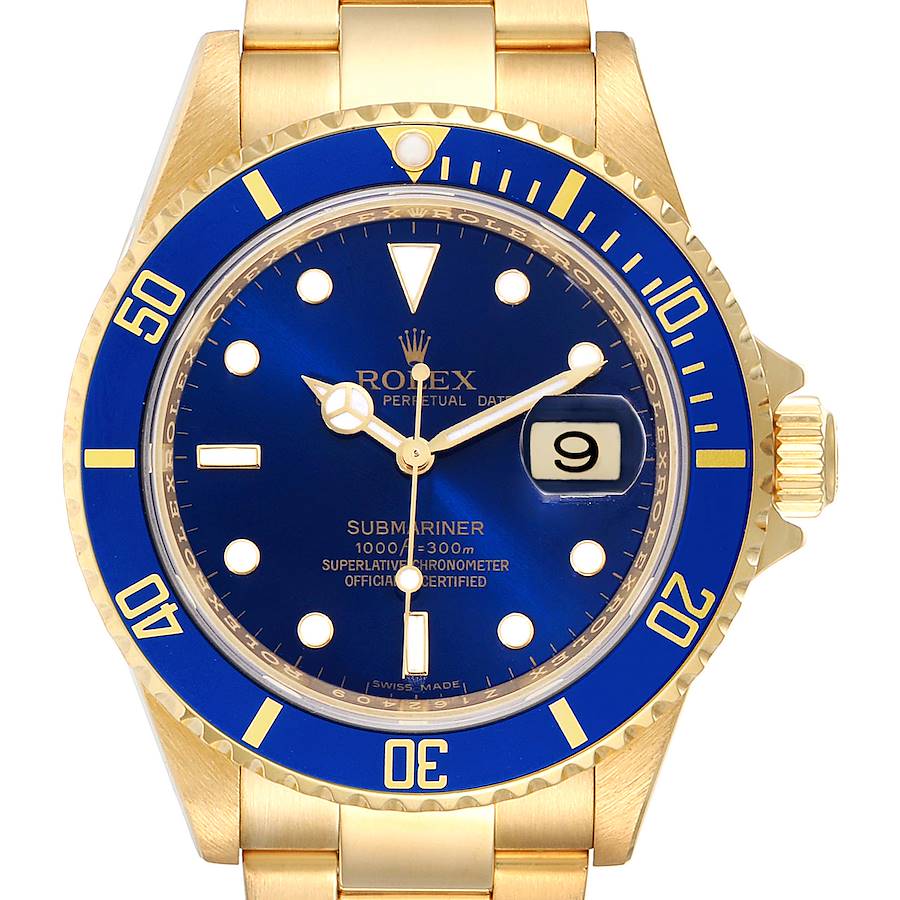 Men's Rolex 40mm Submariner 18K Yellow Gold Oyster Perpetual Watch with Blue Dial and Blue Bezel. (Pre-Owned 16618)