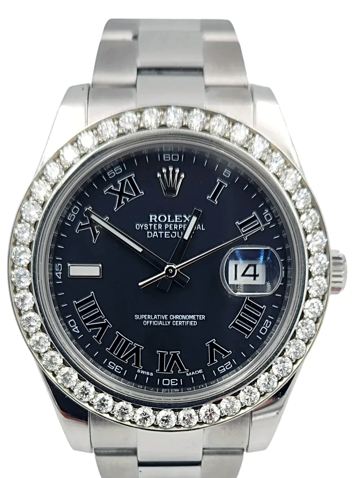 Men's Rolex 41mm DateJust Stainless Steel Watch with Black Roman Dial and Diamond Bezel. (Pre-Owned 116334)
