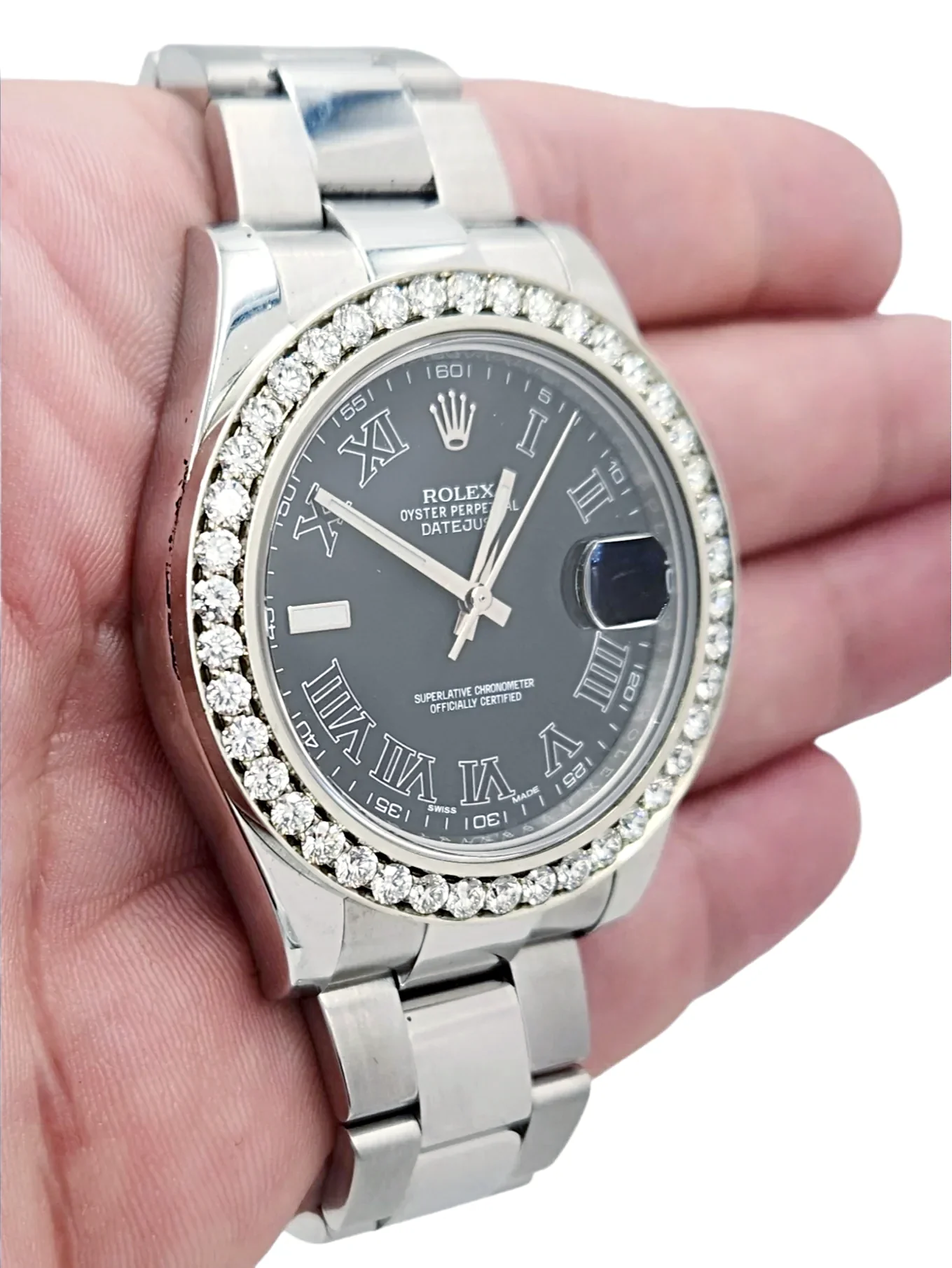 Men's Rolex 41mm DateJust Stainless Steel Watch with Black Roman Dial and Diamond Bezel. (Pre-Owned 116334)