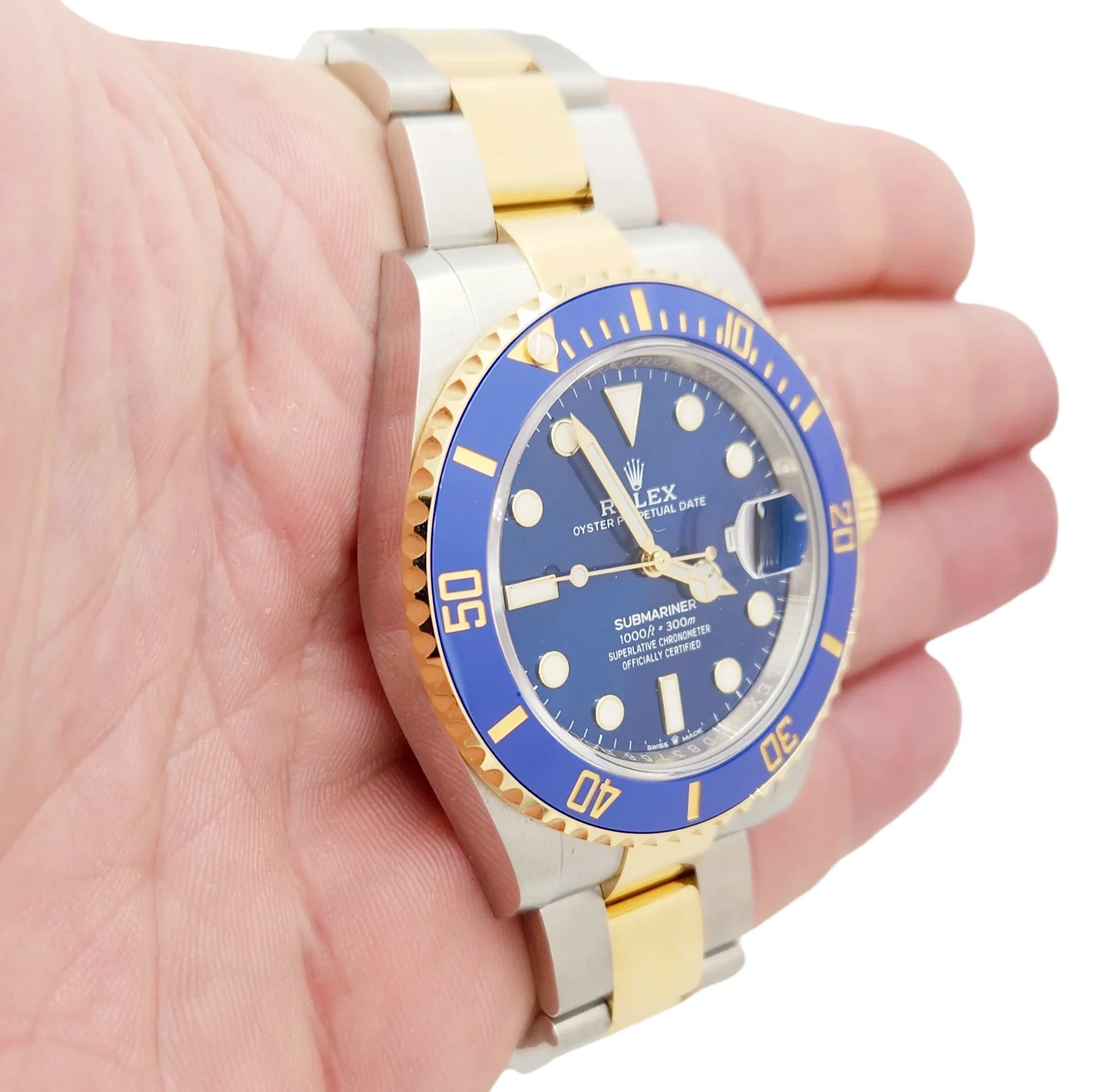 2022 Men's Rolex 40mm Submariner Oyster Perpetual Two Tone 18K Yellow Gold / Stainless Steel Watch with Blue Dial and Blue Bezel. (Unworn 126613LB)