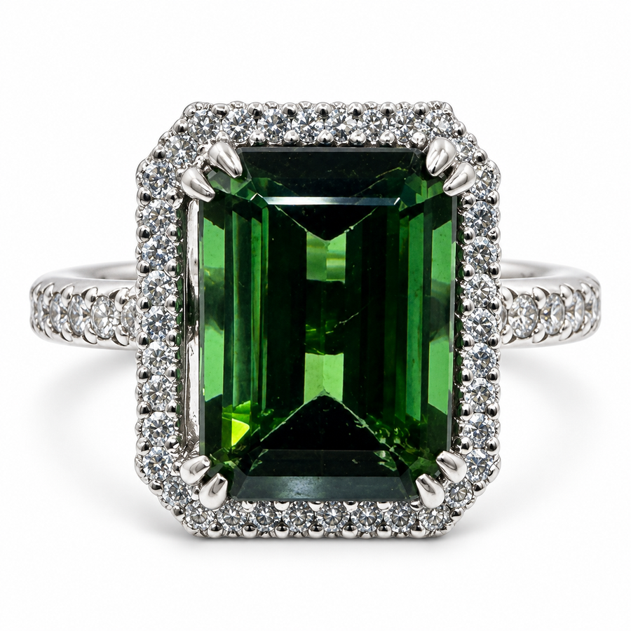 Platinum Ring with 4.38Ct. Green Tourmaline and Diamonds 0.95 Ct. (Size 8.50)