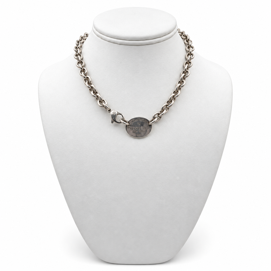 Tiffany & Co. Oval Tag Pendant Sterling Silver with Rolo Chain 14" Necklace. (Pre-Owned)