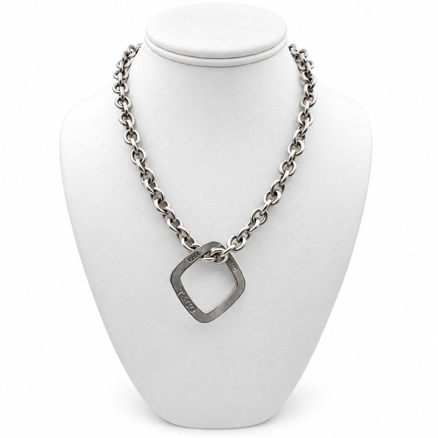 Tiffany & Co. Square Pendant Sterling Silver with Rolo Chain 16" Necklace. (Pre-Owned)