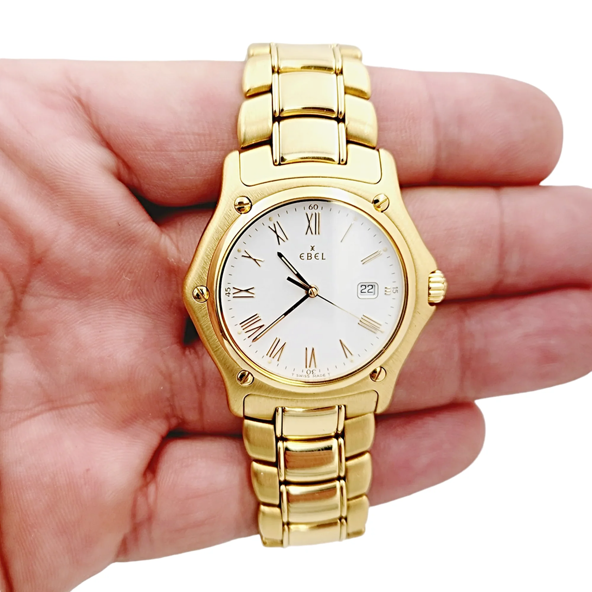 Unisex Ebel 34mm Solid 18K Yellow Gold Watch with Roman Numeral White Dial and Smooth Bezel. (Pre-Owned 1911)