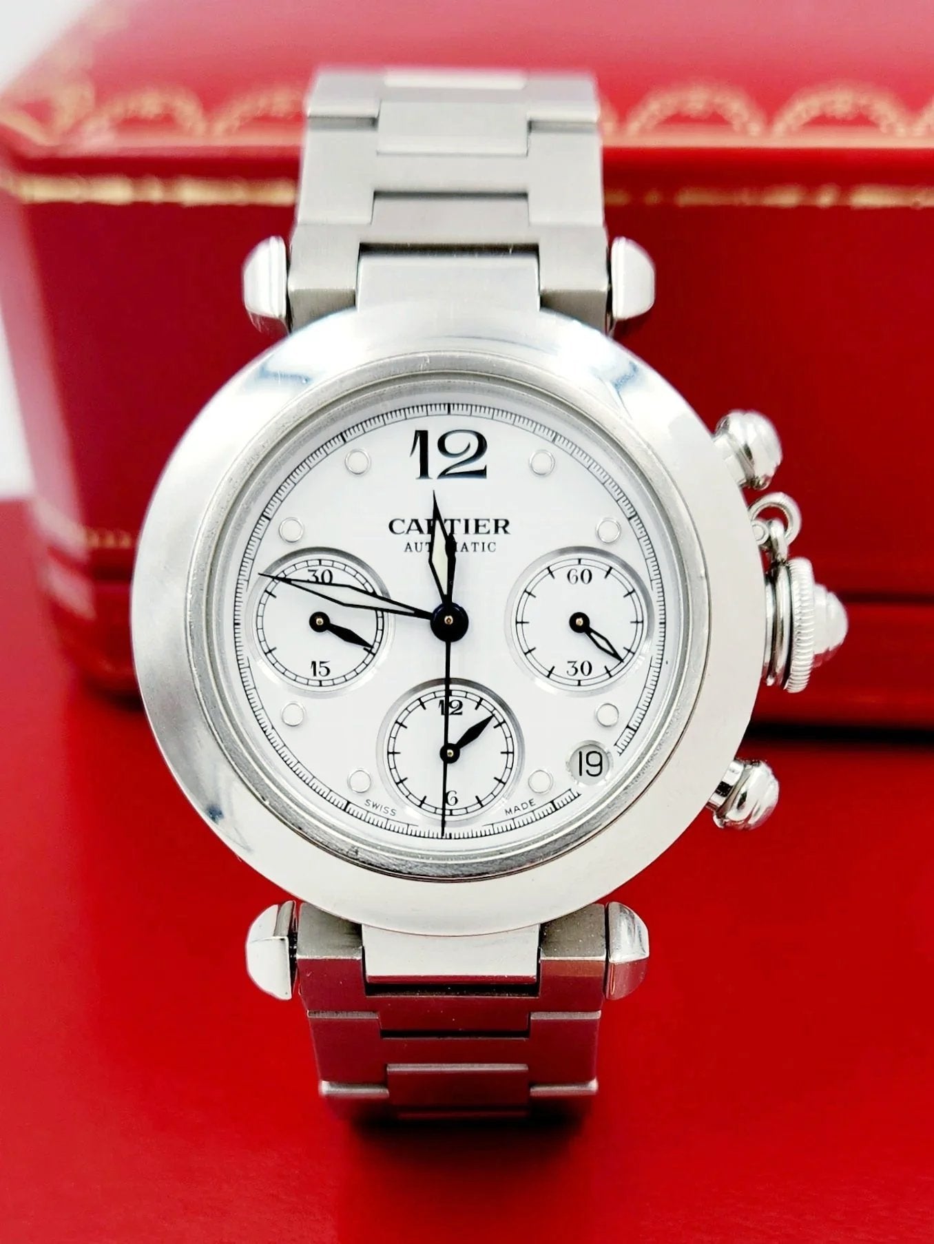 Unisex Medium 36mm Cartier Pasha Chronograph Automatic Watch with White Dial in Matte Stainless Steel. (Pre-Owned 2412)