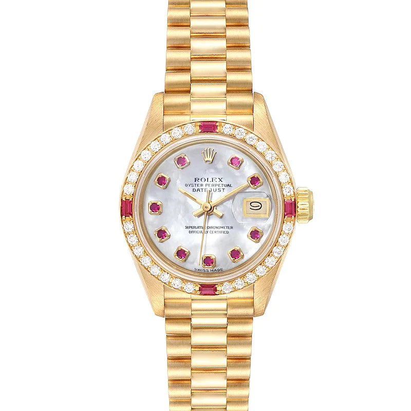 Ladies Rolex 26mm Presidential 18K Solid Yellow Gold Watch with Mother of Pearl Ruby Dial and Diamond Bezel. (UNWORN 69178)