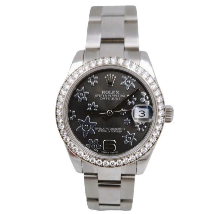 Ladies Rolex 31mm Midsize DateJust Stainless Steel Watch with Floral Dial and Diamond Bezel. (Pre-Owned 178384)