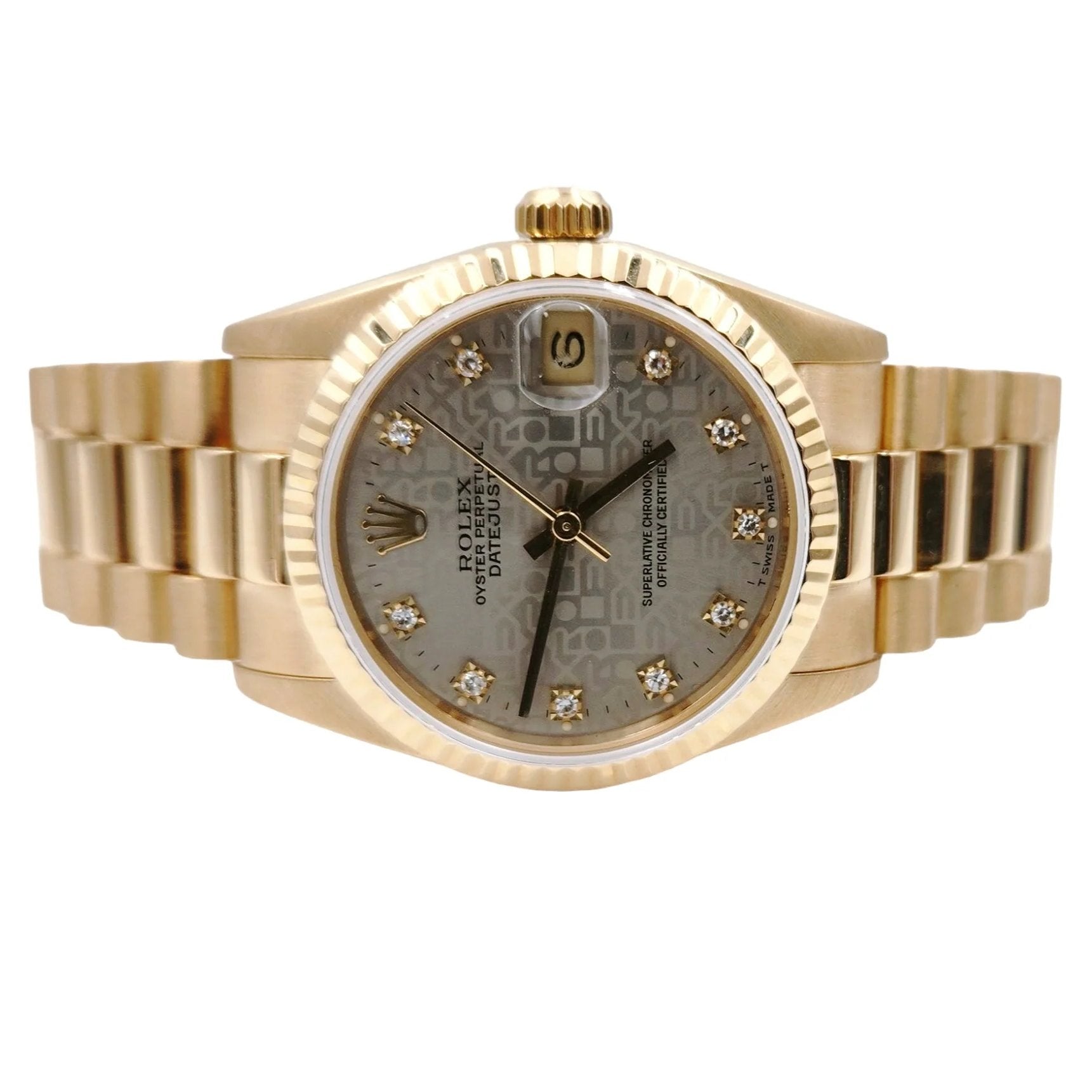 Ladies Rolex 31mm Midsize Presidential 18K Solid Yellow Gold Watch with Silver Diamond Dial and Fluted Bezel. (Pre-Owned)