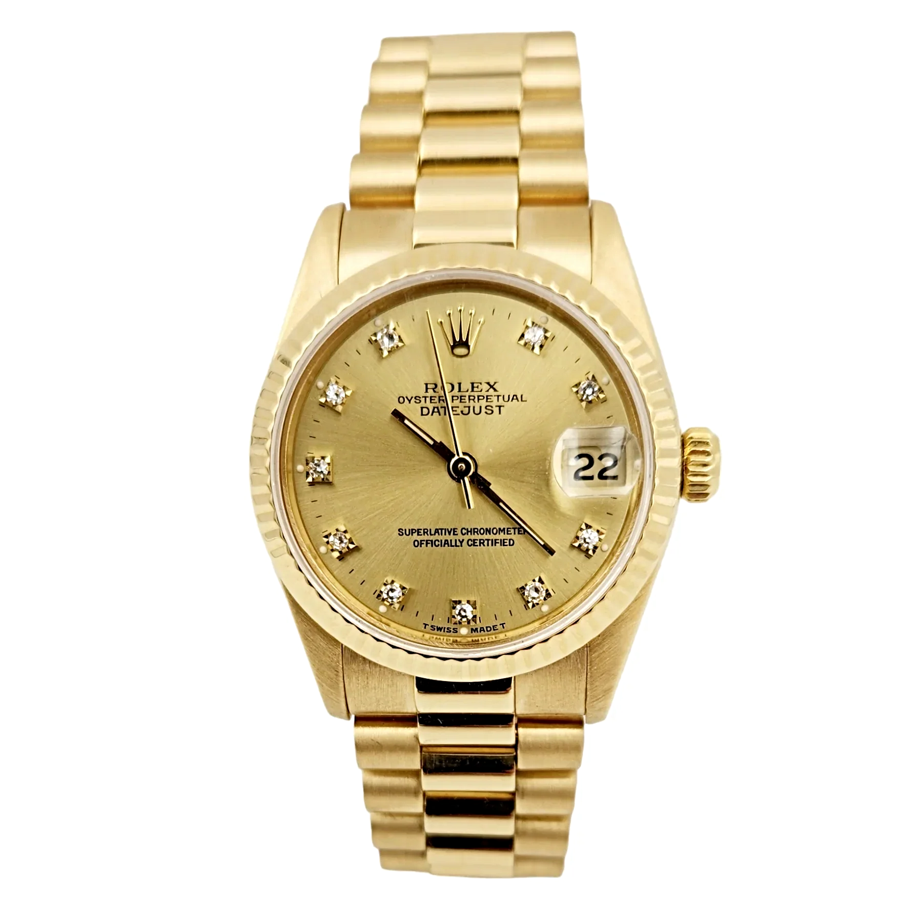 Ladies Rolex 31mm Midsize Presidential 18K Solid Yellow Gold Watch with Champagne Diamond Dial and Fluted Bezel. (Pre-Owned 68278)