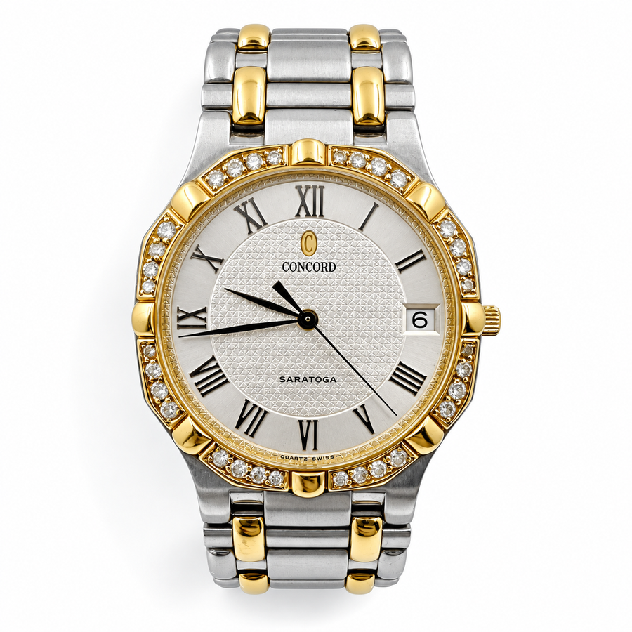 Ladies Concord Saratoga 32mm Octagon Gold Plated / Stainless Steel Watch with Silver Roman Numeral Dial and Diamond Bezel. (Pre-Owned)
