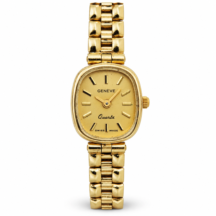 Ladies Geneve 15mm x 18mm Vintage 14K Yellow Gold Watch with Gold Oval Dial. (Pre-Owned)