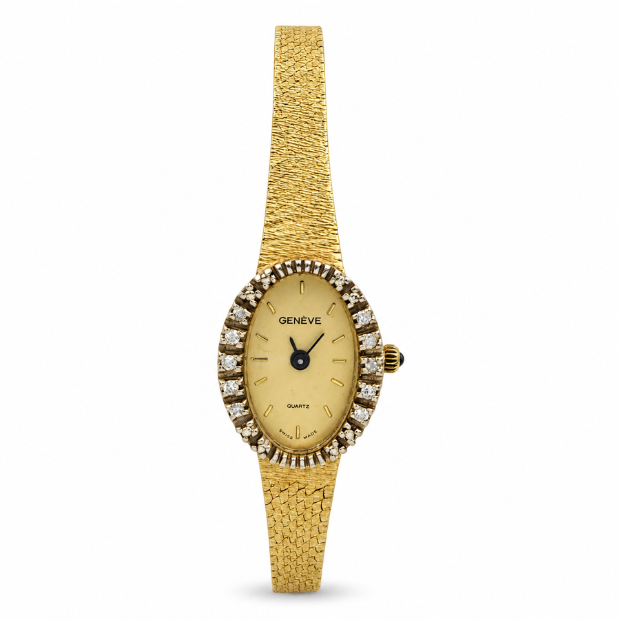 Ladies Geneve 15mm x 20mm Vintage 14K Yellow Gold Watch with Gold Dial and Diamond Bezel. (Pre-Owned)